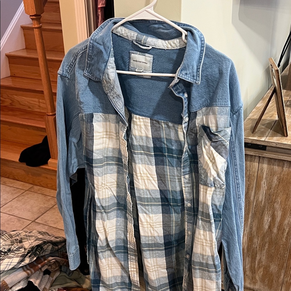 American Eagle Outfitters Blue Plaid Layered Button-Down Shirt